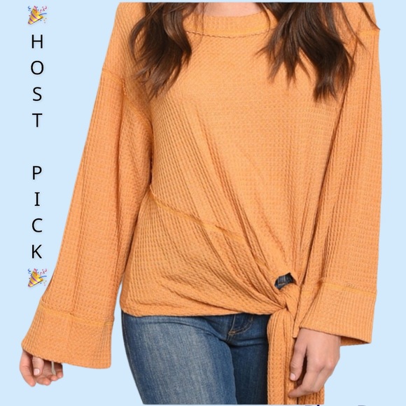 Tops - ❌DONATED❌Mustard Yellow Long Sleeve Raw Edging Waffle Tie Tunic Top